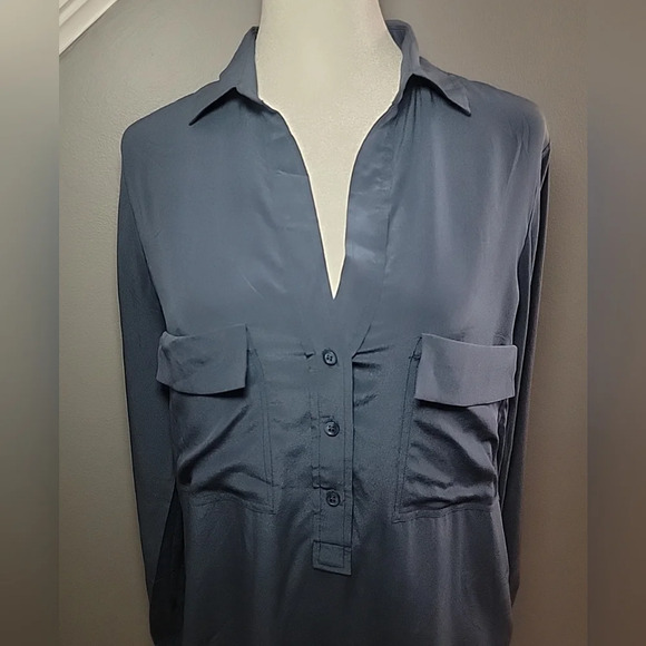 MASSIMO DUTTI Mulberry Silk Luxury Blend Navy Blue Blouse Sz 36 (M-8) - Picture 2 of 6